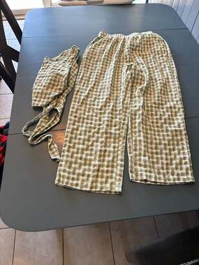 SHEIN Women's Green Gingham Plaid Wide Leg Pants and Tie Crop Top Set